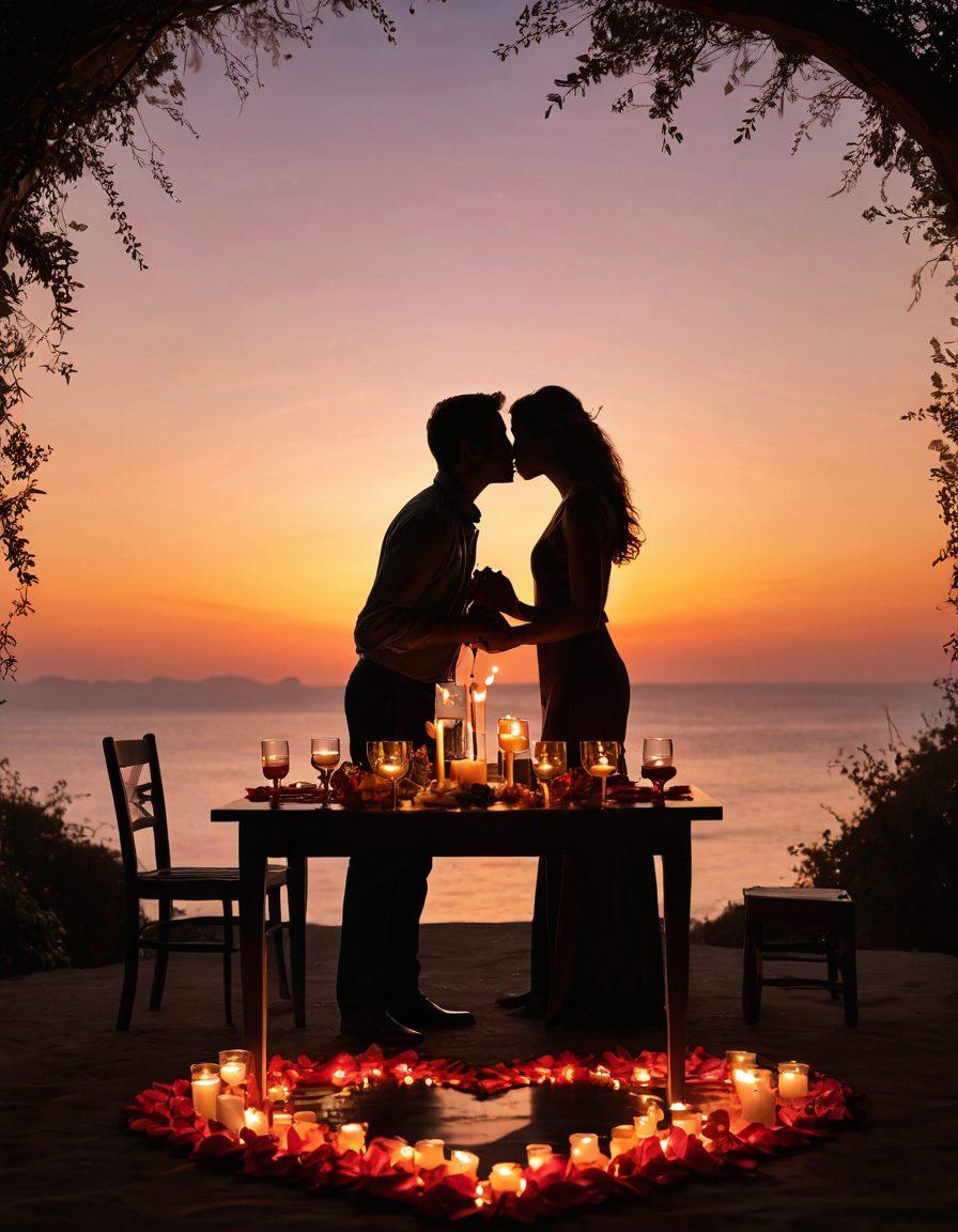 A romantic setting with a beautifully set dinner table adorned with flickering candles and soft flower arrangements. Silhouettes of a couple leaning in for a kiss, enveloped in a warm glow, surrounded by symbols of passion like rose petals and heart shapes. The background features a soft-focus landscape with a sunset for added ambiance. The overall aesthetic conveys intimacy and allure. vibrant colors. super-realistic.
