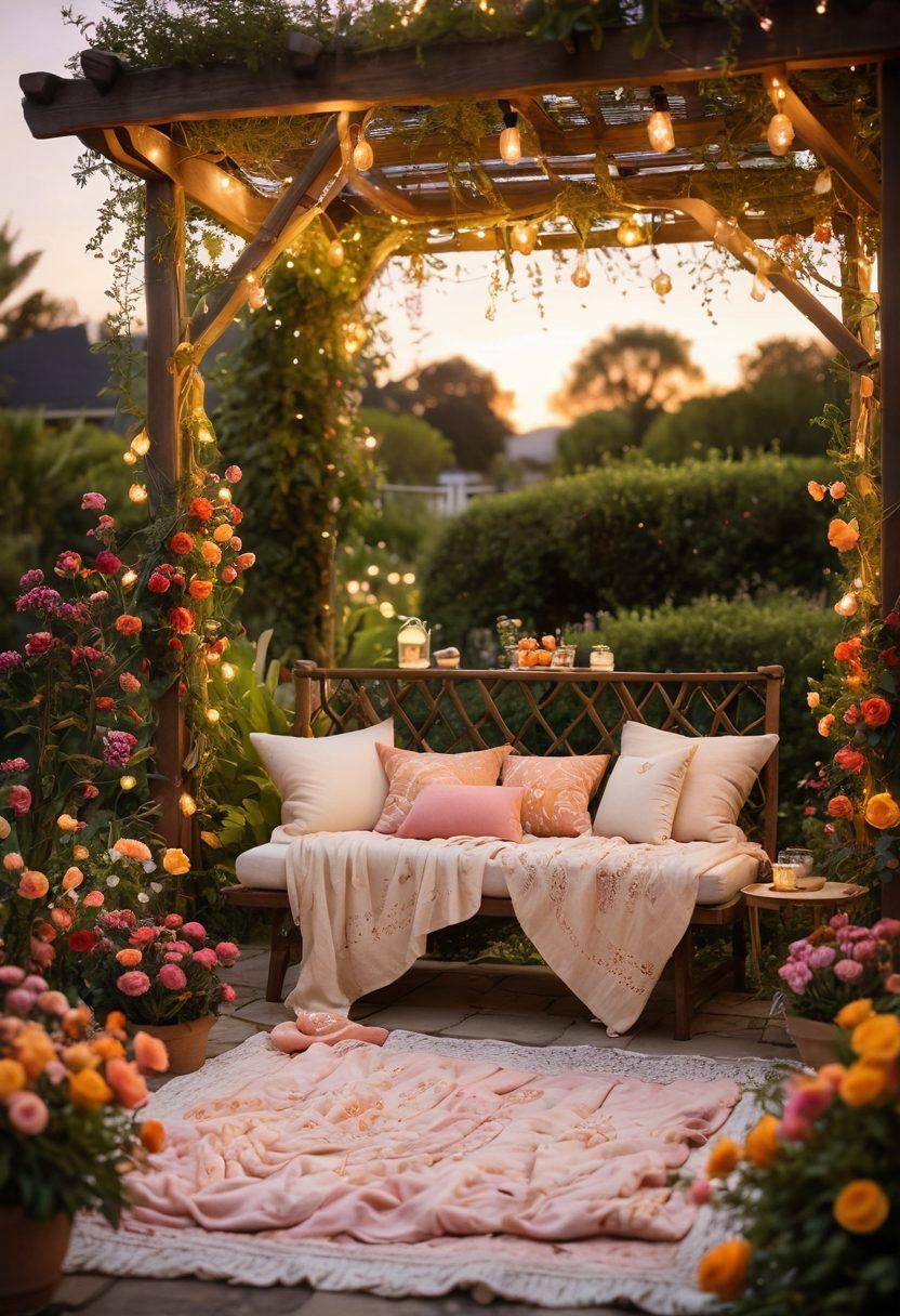 A tranquil, lush garden setting with a cozy, intimate picnic setup featuring vibrant flowers and soft pillows. A couple sharing laughter under a trellis draped in fairy lights and soft fabric, embodying affection and warmth. The background showcases a serene sunset casting golden hues, symbolizing personal paradise. super-realistic. vibrant colors. soft focus.