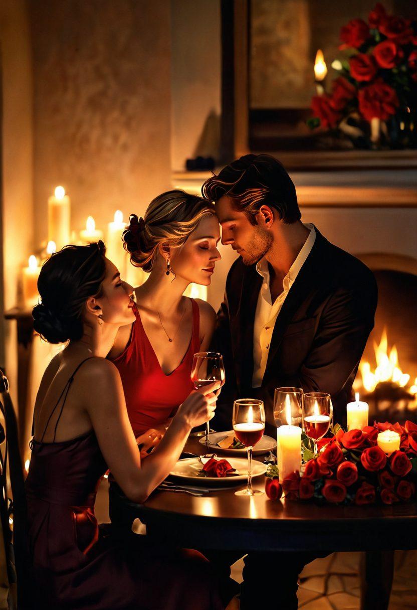 A sensual scene of a candlelit dinner for two, adorned with red roses and soft, warm lighting. A couple is gazing into each other's eyes, creating an intimate atmosphere filled with passion. In the background, a cozy fireplace adds to the ambiance, with shadows dancing on the wall. The focus is on connection and romance. soft focus. warm colors. digital painting.